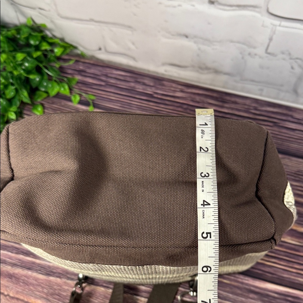 Thirty-One Canvas Crew Mini Tote in Taupe Straw Stripe Pattern Brown Canvas Trim - Picture 7 of 9